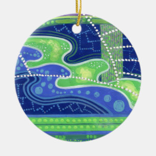 Blue & green waves abstract art painting ornament