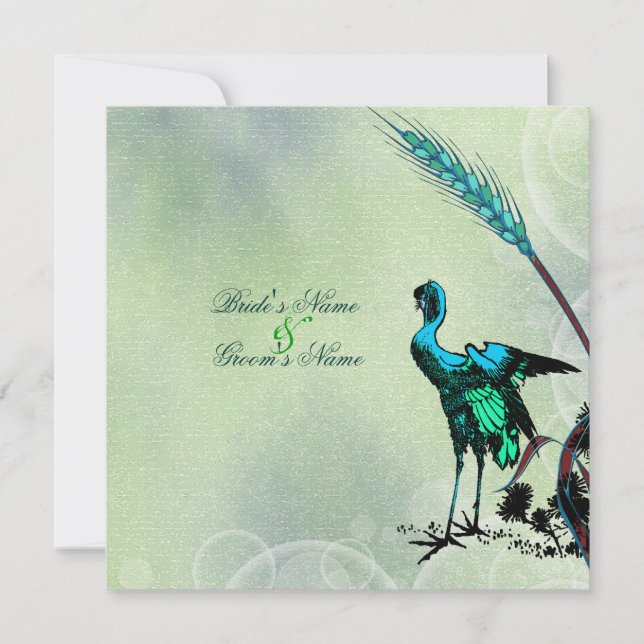 Blue green wedding crane swirls invitation (Front)