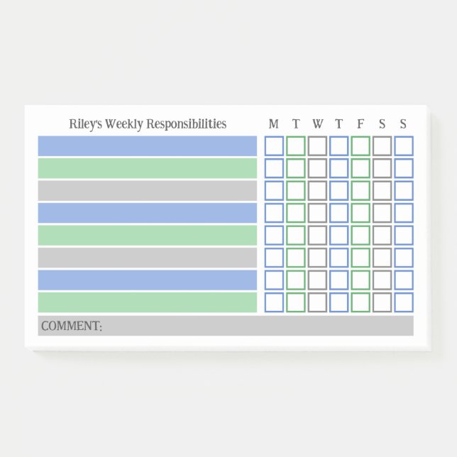 Blue Green Weekly Responsibilities Chore Chart Post-it Notes (Front)