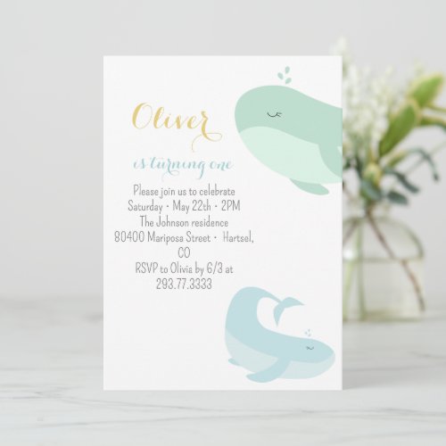 Blue Green Whale 1st Birthday Party Invitation