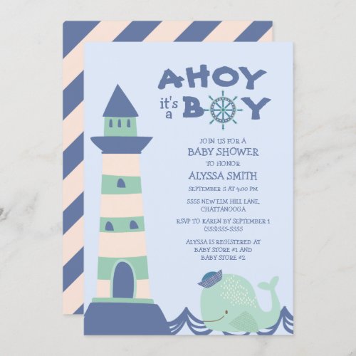 Blue Green Whale Lighthouse Ahoy Boy Baby Shower Invitation