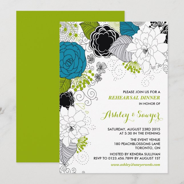 Blue & Green Whimsical Florals Rehearsal Dinner Invitation (Front/Back)