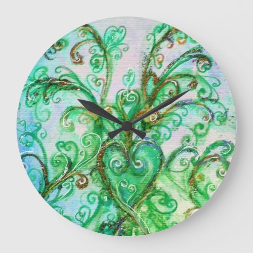 BLUE GREEN WHIMSICAL FLOURISHES WITH HEART LARGE CLOCK