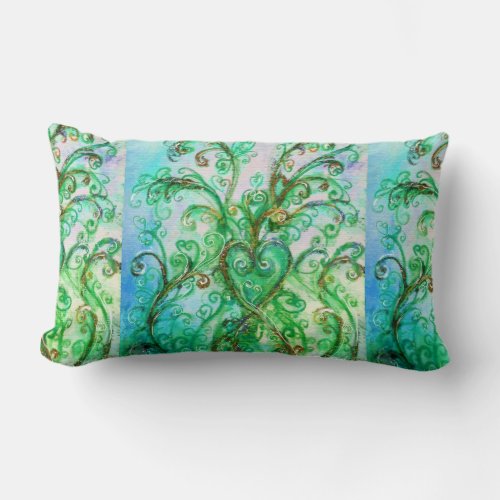 BLUE GREEN WHIMSICAL FLOURISHES WITH HEART LUMBAR PILLOW