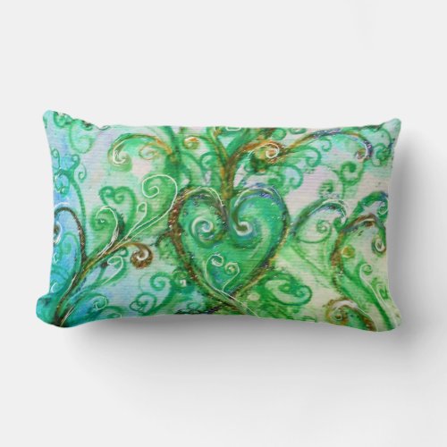 BLUE GREEN WHIMSICAL FLOURISHES WITH HEART LUMBAR PILLOW
