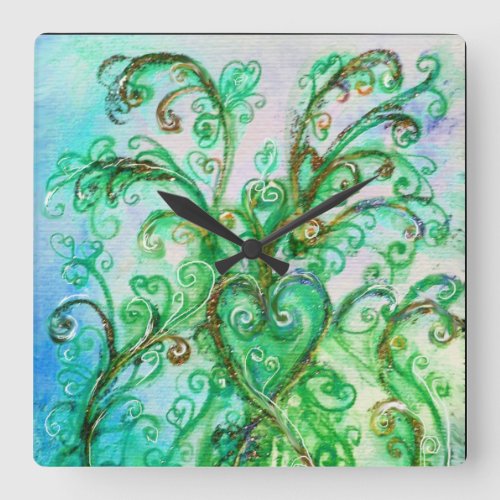 BLUE GREEN WHIMSICAL FLOURISHES WITH HEART SQUARE WALL CLOCK