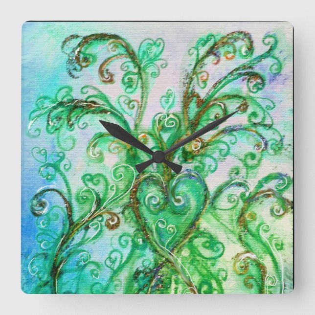 BLUE GREEN WHIMSICAL FLOURISHES WITH HEART SQUARE WALL CLOCK (Front)