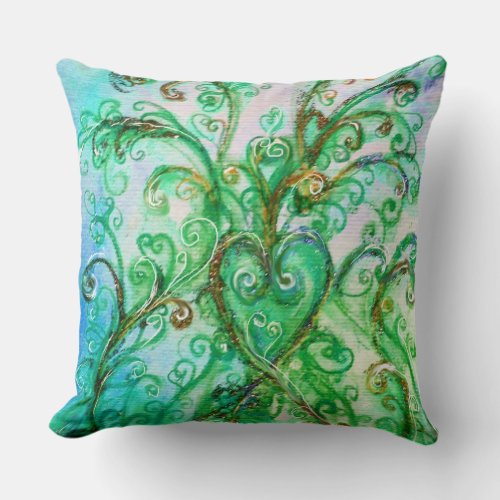 BLUE GREEN WHIMSICAL FLOURISHES WITH HEART THROW PILLOW