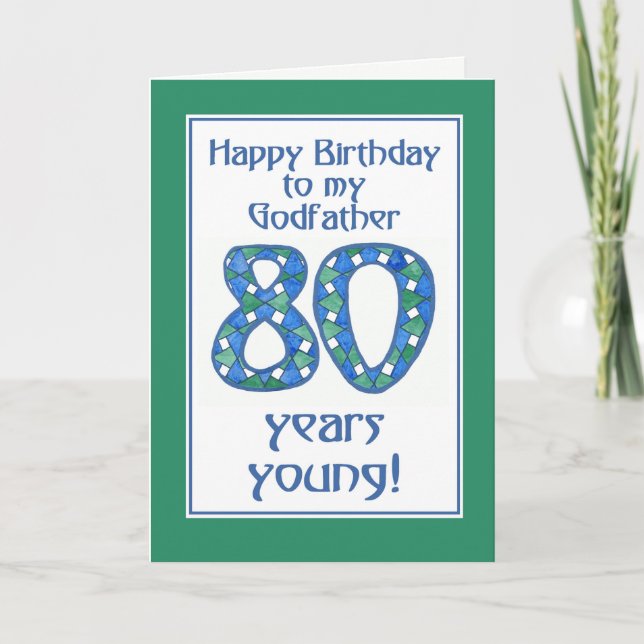 Blue, Green, White 80th Birthday Godfather Card (Front)