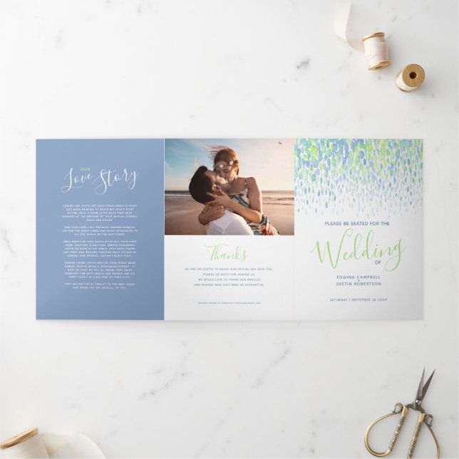 Blue, green, white abstract art wedding ceremony Tri-Fold program (Outside)