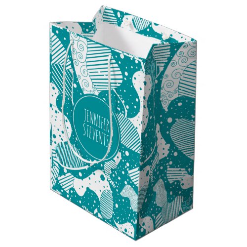 Blue_Green  White Abstract Geometric Design Medium Gift Bag