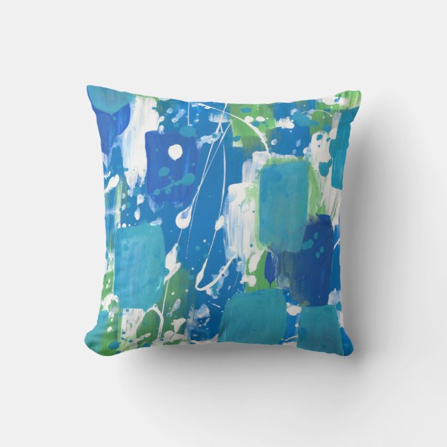 Blue Green White Abstract Throw Pillow (Front)