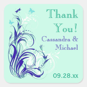 Blue Green White Aqua Floral 1.5" Wedding Sticker