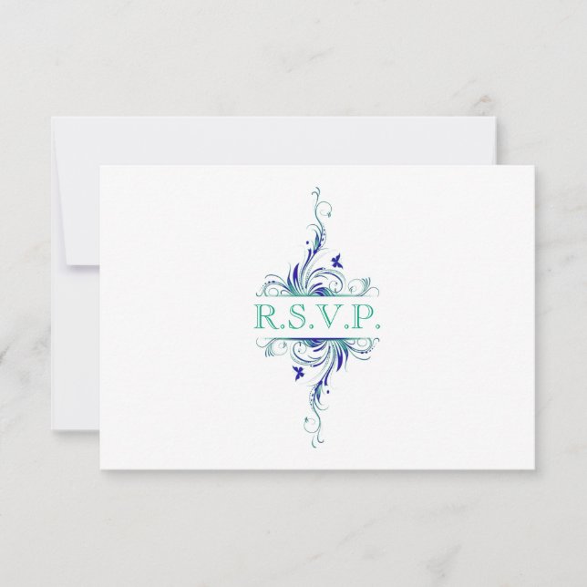 Blue, Green, White, Aqua Floral Reply Card (Front)