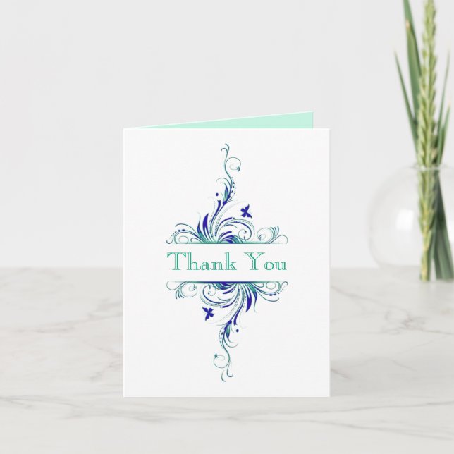 Blue, Green, White, Aqua Floral Thank You Card (Front)