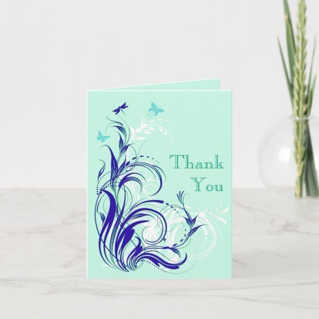 Blue, Green, White, Aqua Floral Thank You Card 2 (Front)