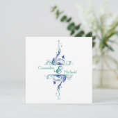 Blue Green White Aqua Floral Wedding Invitation (Standing Front)