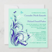 Blue Green White Aqua Floral Wedding Invitation (Back)