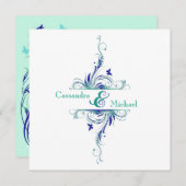 Blue Green White Aqua Floral Wedding Invitation (Front/Back)