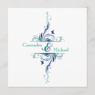 Blue Green White Aqua Floral Wedding Invitation