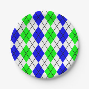 Blue Green White Argyle Diamond Design Paper Plates