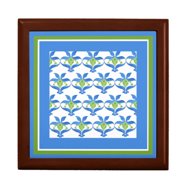Blue, Green, White Art Nouveau Pattern Jewelry Box (Front)
