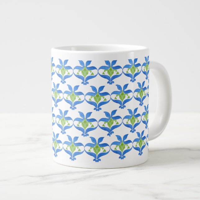 Blue, Green, White Art Nouveau Pattern Jumbo Mug (Front Right)