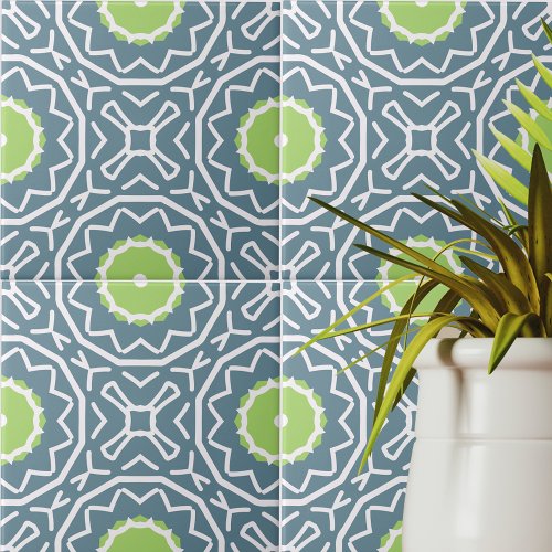 Blue Green White Bohemian Mosaic Geometric Pattern Ceramic Tile