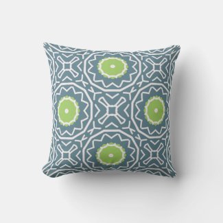 Blue Green White Bohemian Mosaic Geometric Pattern Throw Pillow