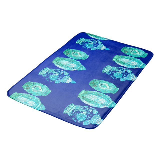 Blue Green White Elegant Monogrammed Ginger Jar  Bath Mat (Angled)