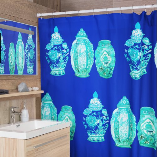 Blue Green White Elegant Monogrammed Ginger Jar  Shower Curtain