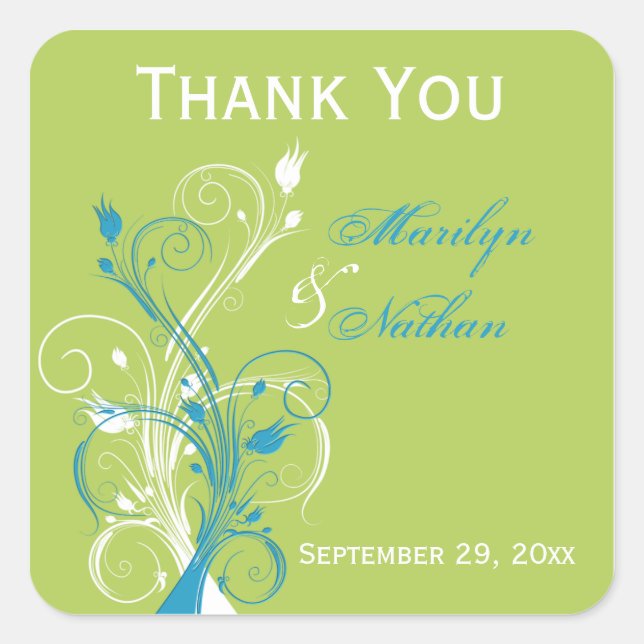 Blue Green White Floral 1.5" Wedding Favor Sticker (Front)