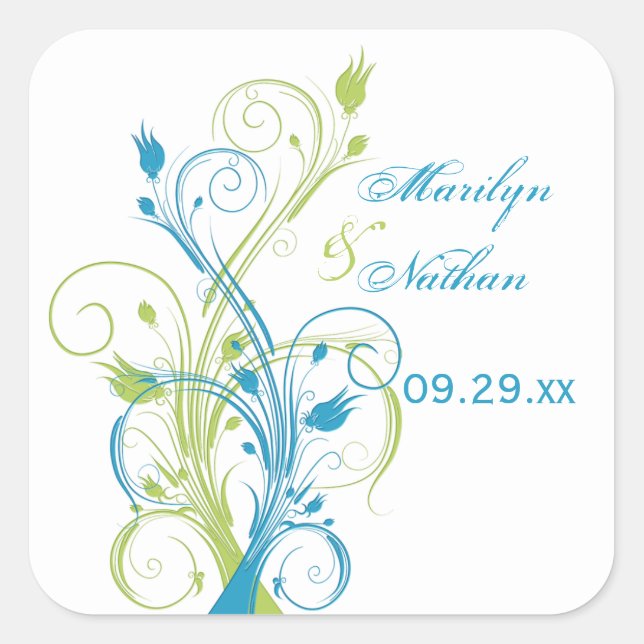 Blue Green White Floral 1.5" Wedding Sticker (Front)