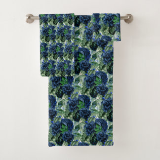 BLUE GREEN WHITE FLORAL BATHROOM TOWEL SET