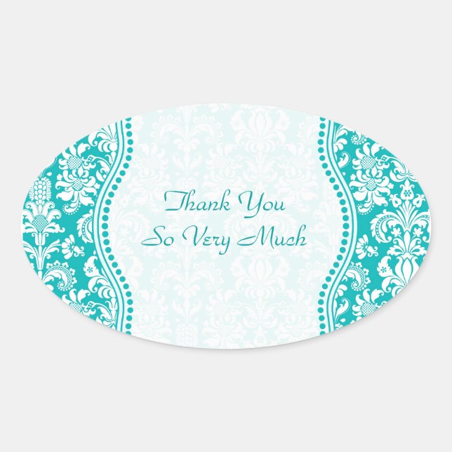 Blue-Green & White Floral Damasks Pattern Oval Sticker (Front)