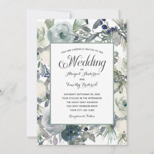 Blue Green White Floral Elegant Formal Wedding Invitation