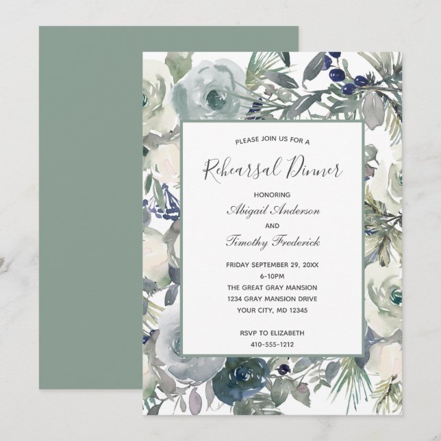 Blue Green White Floral Elegant Rehearsal Dinner Invitation (Front/Back)