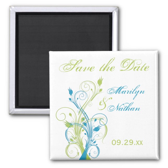 Blue Green White Floral Save the Date Magnet (Front)
