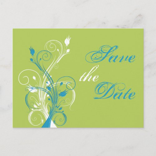 Blue Green White Floral Save the Date Post Card