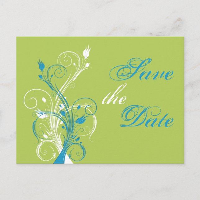 Blue Green White Floral Save the Date Post Card (Front)