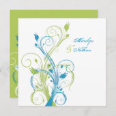 Blue Green White Floral Sq. Wedding Invitation (Front/Back)