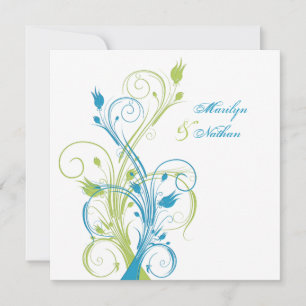 Blue Green White Floral Sq. Wedding Invitation