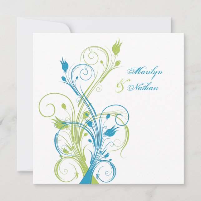 Blue Green White Floral Sq. Wedding Invitation (Front)