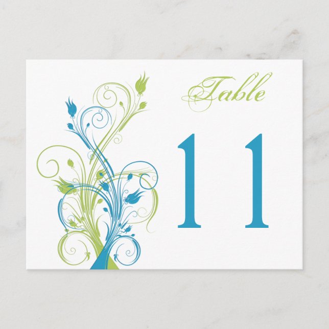 Blue Green White Floral Table Number Postcard (Front)