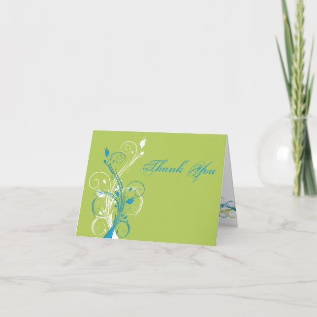 Blue Green White Floral Thank You Card (Front)