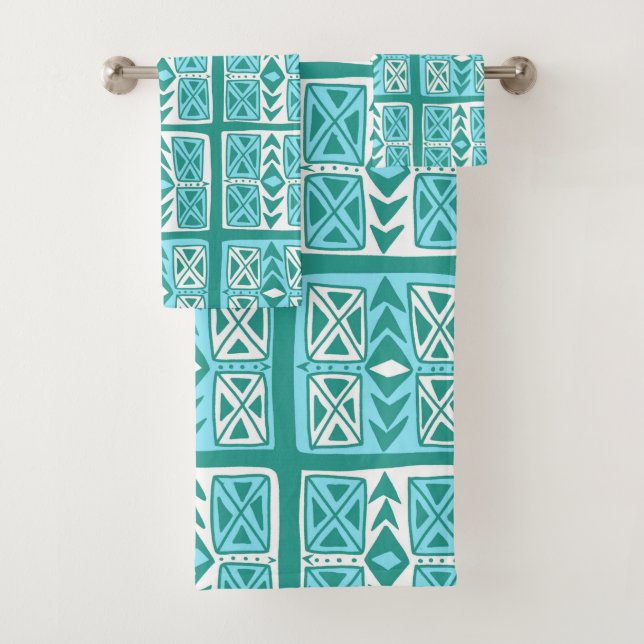 Blue Green & White Geometric Boho Pattern Bath Towel Set (Insitu)