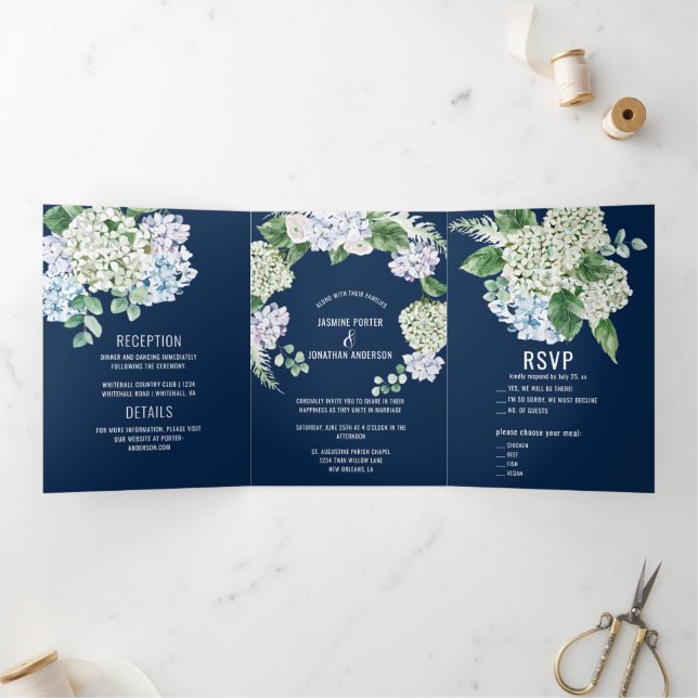 Blue Green White Hydrangeas on Navy Wedding Tri-Fold Invitation (Inside)