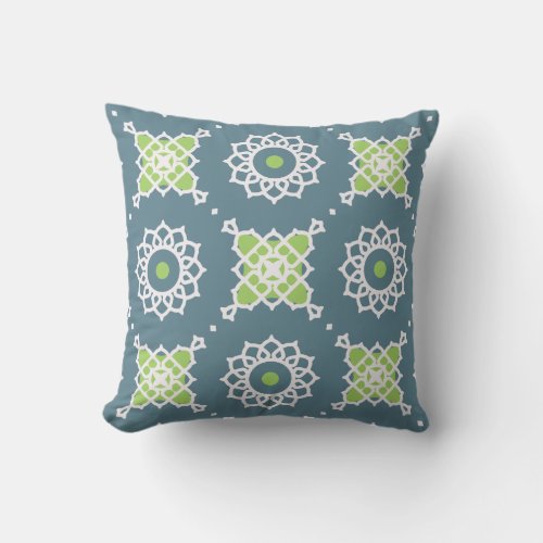 Blue Green White Lace Mosaic Geometric Pattern Throw Pillow