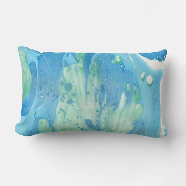 Blue Green White Marble Look Modern Abstract Lumbar Pillow (Front)