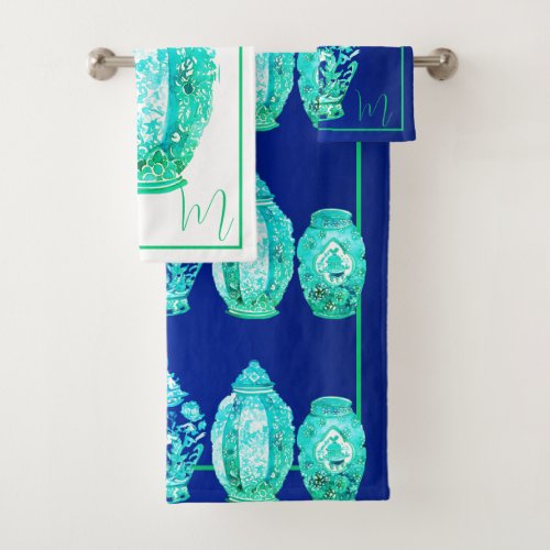 Blue Green White Monogrammed Elegant Ginger Jar  Bath Towel Set